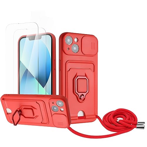 Zallagre Handykette Hülle kompatibel mit iPhone 13.[2 Stück] Schutzfolie Glas,Kameraschutz,360 Grad Ringhalter Stand,Kartenfach,Silikon hülle-Rot von Zallagre