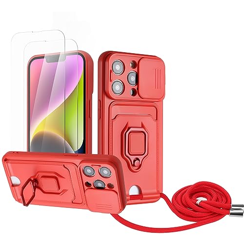 Zallagre Handykette Hülle kompatibel mit iPhone 14 Pro.[2 Stück] Schutzfolie Glas,Kameraschutz,360 Grad Ringhalter Stand,Kartenfach,Silikon hülle-Rot von Zallagre