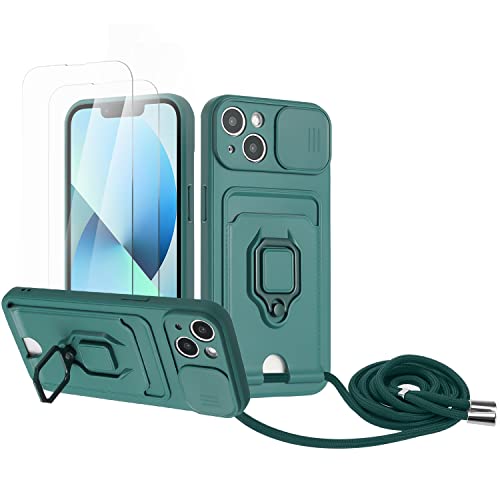 Zallagre Handykette Hülle kompatibel mit iPhone 15 Plus.[2 Stück] Schutzfolie Glas,Kameraschutz,360 Grad Ringhalter Stand,Kartenfach,Silikon hülle-Dunkelgrün von Zallagre