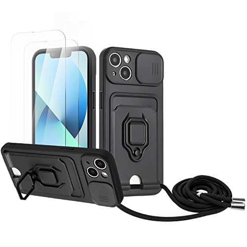 Zallagre Handykette Hülle kompatibel mit iPhone 15 Plus.[2 Stück] Schutzfolie Glas,Kameraschutz,360 Grad Ringhalter Stand,Kartenfach,Silikon hülle-Schwarz von Zallagre