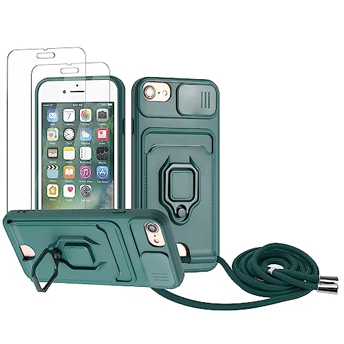 Zallagre Handykette Hülle kompatibel mit iPhone 6/6S/7/8/SE 2020.[2 Stück] Schutzfolie Glas,Kameraschutz,360 Grad Ringhalter Stand,Kartenfach,Silikon hülle-Dunkelgrün von Zallagre