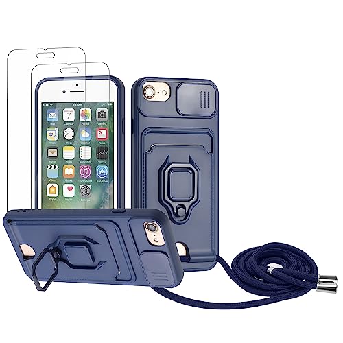 Zallagre Handykette Hülle kompatibel mit iPhone 6/6S/7/8/SE 2020.[2 Stück] Schutzfolie Glas,Kameraschutz,360 Grad Ringhalter Stand,Kartenfach,Silikon hülle-Marineblau von Zallagre