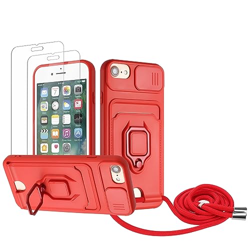 Zallagre Handykette Hülle kompatibel mit iPhone 6/6S/7/8/SE 2020.[2 Stück] Schutzfolie Glas,Kameraschutz,360 Grad Ringhalter Stand,Kartenfach,Silikon hülle-Rot von Zallagre