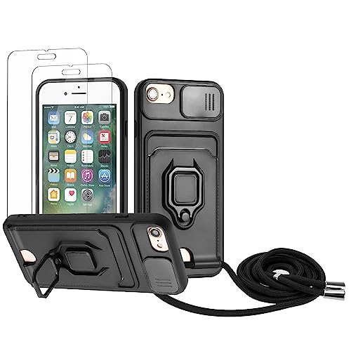 Zallagre Handykette Hülle kompatibel mit iPhone 6/6S/7/8/SE 2020.[2 Stück] Schutzfolie Glas,Kameraschutz,360 Grad Ringhalter Stand,Kartenfach,Silikon hülle-Schwarz von Zallagre