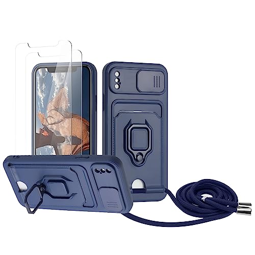 Zallagre Handykette Hülle kompatibel mit iPhone X/XS.[2 Stück] Schutzfolie Glas,Kameraschutz,360 Grad Ringhalter Stand,Kartenfach,Silikon hülle-Marineblau von Zallagre