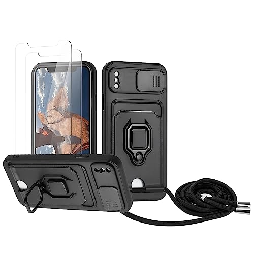 Zallagre Handykette Hülle kompatibel mit iPhone X/XS.[2 Stück] Schutzfolie Glas,Kameraschutz,360 Grad Ringhalter Stand,Kartenfach,Silikon hülle-Schwarz von Zallagre