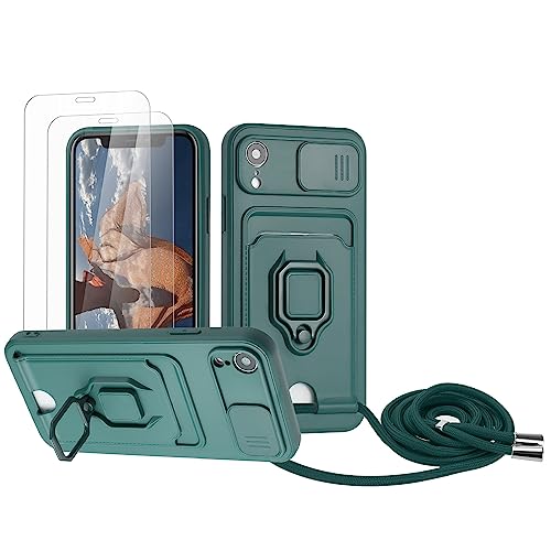Zallagre Handykette Hülle kompatibel mit iPhone XR.[2 Stück] Schutzfolie Glas,Kameraschutz,360 Grad Ringhalter Stand,Kartenfach,Silikon hülle-Dunkelgrün von Zallagre