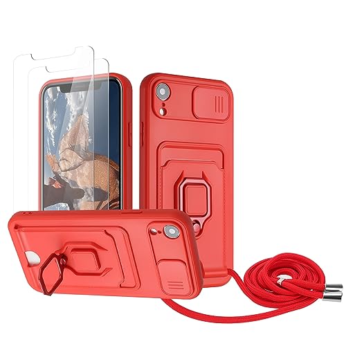 Zallagre Handykette Hülle kompatibel mit iPhone XR.[2 Stück] Schutzfolie Glas,Kameraschutz,360 Grad Ringhalter Stand,Kartenfach,Silikon hülle-Rot von Zallagre