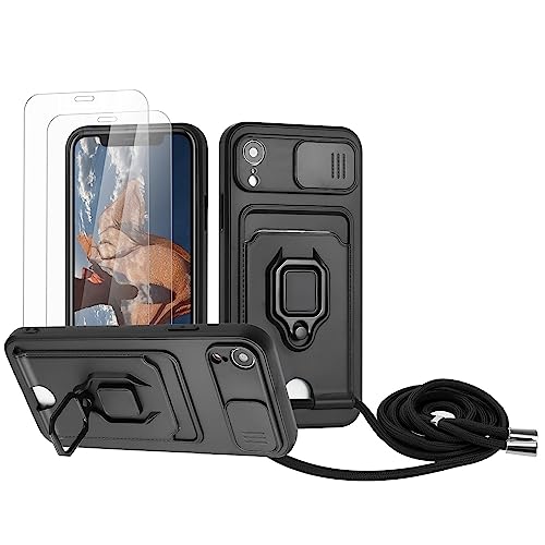 Zallagre Handykette Hülle kompatibel mit iPhone XR.[2 Stück] Schutzfolie Glas,Kameraschutz,360 Grad Ringhalter Stand,Kartenfach,Silikon hülle-Schwarz von Zallagre