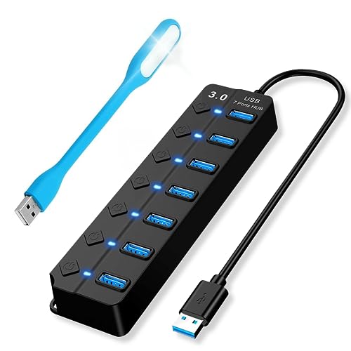 USB 3.0-Hub mit 7 Anschlüssen mit Taschenlampe im Lieferumfang enthalten - USB-Steckdose mit Schaltern für Maus, Tastatur, USB-Ladekabel von Ladron USB 3.0 für Bürotische oder Set Up Gaming - von Zamnes