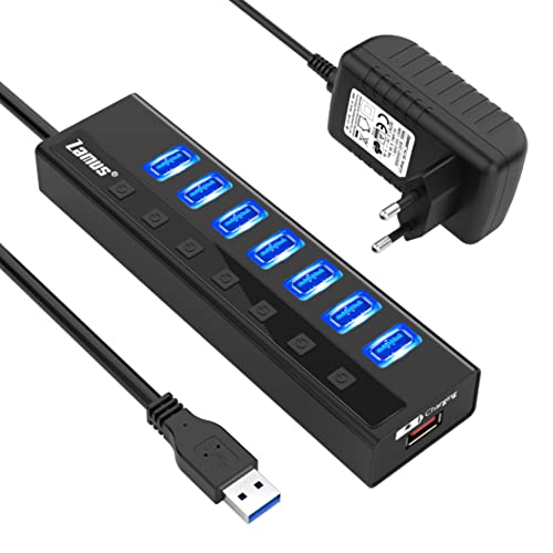 USB Hub Aktiv 3.0 mit Netzteil, Zamus 7 Ports USB 3.0 Datenhub mit 1 Smart Ladeanschluss USB-Erweiterung und einzelnen Auschalter sowie 5V / 3A Netzteil von Zamus