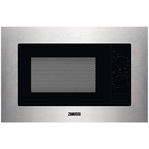 Zanussi ZMSN6DX Einbau-Mikrowelle mit Grill, 700 W, 6 Leistungsstufen, Drehregler, Schnellauftauprogramm, Druckknopf zum Öffnen, integrierter Rahmen, Schwarz/Edelstahl, 20 l von Zanussi