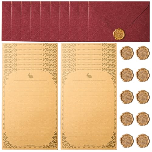 Zasiene Vintage Briefpapier Mit Umschlag Set, 30 Stück Briefpapier Vintage Set, 10 A5 Papier, 10 Vintage-Papier Umschläge,10 Wachssiegel-Aufkleber, Für Die Hochzeit Valentinstagseinladung(Rot) von Zasiene