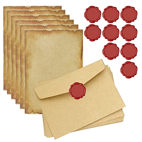 Zasvec Vintage Briefpapier Set Briefschreibset Briefpapier mit Umschlag Enthält 20 Blätter Briefpapier, 10 Kraft Briefumschläge, 10 Wachssiegel-Aufkleber von Zasvec
