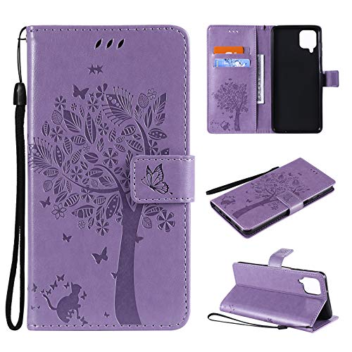 Zchen für Galaxy A12/M12 Hülle, Kunstleder Portemonnaie Flip Case Etui mit Katze-Lila Design von EsOyl