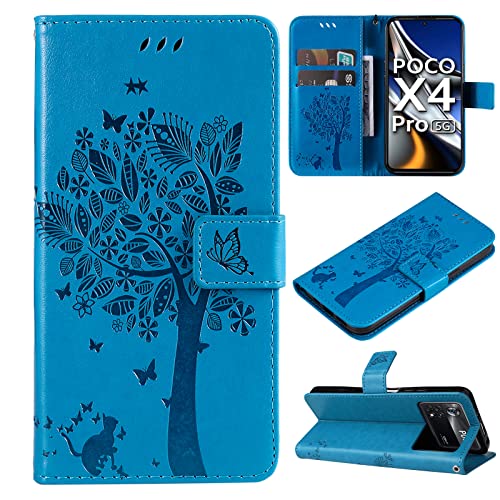 Zchen für Poco X4 Pro 5G Hülle, Kunstleder Portemonnaie Handy-Schutzhülle Book Flip Design Klapphülle Etui Tasche für Xiaomi Poco X4 Pro 5G (Katze-Blau) von Zchen