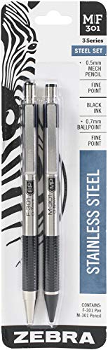 Zebra M/F 301 Edelstahl Druckbleistift und Kugelschreiber, feine Spitze 0,5 mm Druckbleistift und mittlere 1,0 mm schwarze Tinte von Zebra Pen