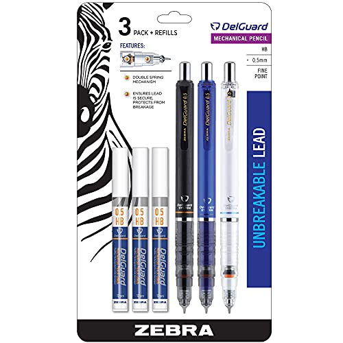 Zebra Pen DelGuard Druckbleistift, feine Spitze, 0,5 mm, schwarz/blau/weiß, Schaft, Minenminen, nachfüllbar, 3 Stück (58603) von Zebra Pen