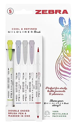 Zebra Pen MILDLINER Doppelspitzen-Pinselstifte, Filzstifte für Erwachsene, Rundspitze und Pinselspitze für Stil und Komfort, doppelseitige Mildliner-Malstifte, coole und raffinierte Farben, 5 Stück von Zebra Pen