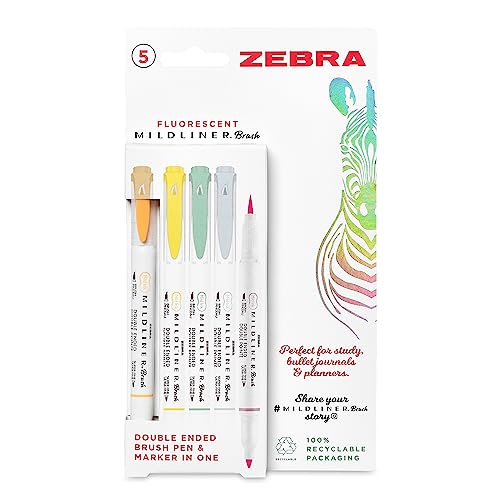 Zebra Pen Mildliner Doppelspitzen-Pinselstifte, Filzstifte für Erwachsene, Rundspitze und Pinselspitze, Malstifte für Stil und Komfort, doppelseitige Mildliner-Malstifte, fluoreszierende Farben, 5 von Zebra Pen