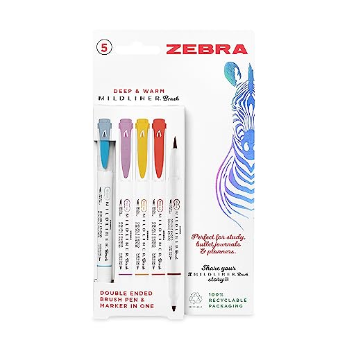 Zebra Pen Mildliner Doppelspitzen-Pinselstifte, Filzstifte für Erwachsene, Rundspitze und Pinselspitze, Malstifte für Stil und Komfort, doppelseitige Mildliner-Malstifte, tiefe und warme Farben, 5 von Zebra Pen