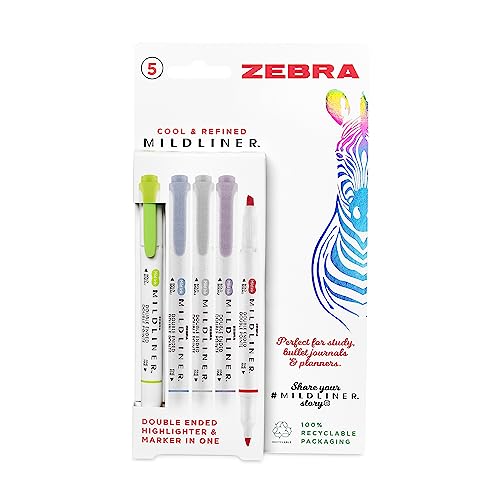 Zebra Pen Mildliner Textmarker mit doppelter Spitze, Pastell-Textmarker für Erwachsene, breite und feine Spitze, doppelseitige Stifte, 5 Stück – coole und raffinierte Farben von Zebra Pen