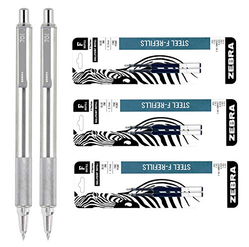 Zebra F-701 Kugelschreiber, Edelstahl, 0,8 mm, Kugelschreiberminen 0,7 mm, schwarze Tinte, 2 Kugelschreiber, 6 Ersatzminen von Zebra Textil
