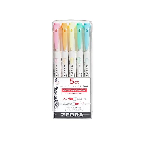 Zebra Pen Mildliner Double Ended Brush and Fine Tip Pen, Assorted Fluorescent Colors, 5-Count von Zebra Textil