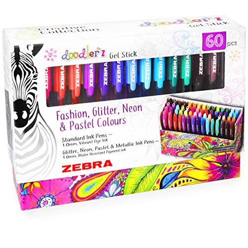 Zebra Doodler'z Gel-Stifte, 1,0 mm, modisch, Glitzer, Neon- und Pastellfarben, Geschenkbox mit 60 Stiften von Zebra