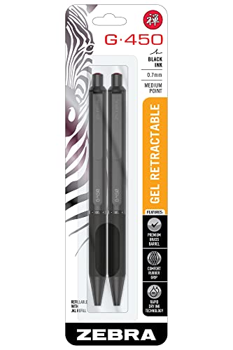 Zebra Pen G-450 Gelschreiber, einziehbar, schwarzer Messingschaft, mittlere Spitze, 0,7 mm, schwarze Tinte, 2er-Pack (49512) von Zebra Pen