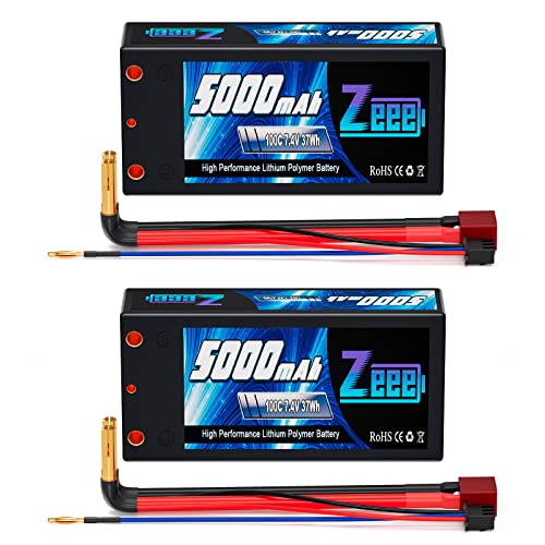Zeee 2S LiPo Akku 7,4V 100C 5000mAh Kurzer Hartschale mit 4,0 mm Kugel to T Stecker für RC Car RC Truck Flugzeug Helikopter Boot Buggy Wing (2 Packungen) von Zeee