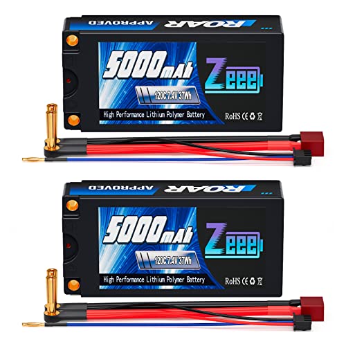 Zeee 2S Lipo Akku 5000mAh 7,4V 120C mit 5mm Bullet to T Stecker Kurz Akku für Fahrzeuge im Maßstab 1:10 RC Auto LKW Boote RC Modelle (2 Stück) von Zeee