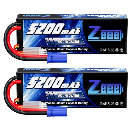 Zeee 2S Lipo Akku 5200mAh 7,4V 80C Hardcase Batterie mit EC5 Stecker für RC Evader BX Auto Car Truck LKW Truggy RC Hobby (2 Packungen) von Zeee