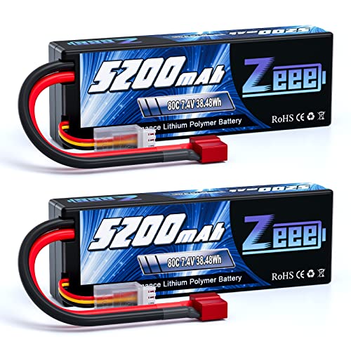 Zeee 2S Lipo 5200mAh 7,4V 80C RC Akku Hardcase mit T Stecker für RC Evader BX Auto Car Truck LKW Truggy RC Hobby (2 Packungen) von Zeee