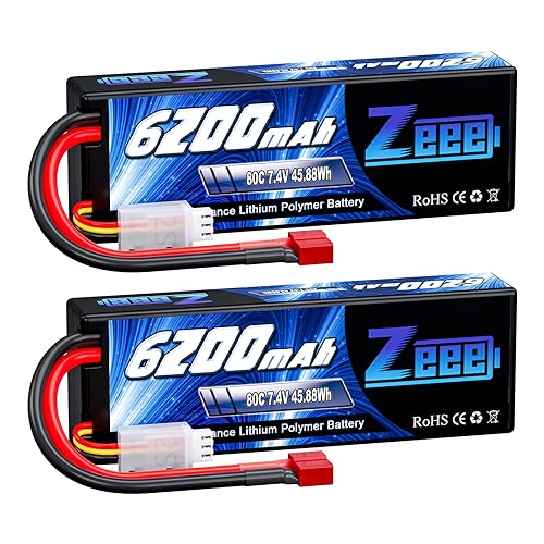 Zeee 2S Lipo Akku 7,4V 80C 6200mAh mit Deans Steck Hardcase RC Batterie für RC Auto RC Flugzeug RC Hubschrauber RC Hobby (2 Packungen) von Zeee