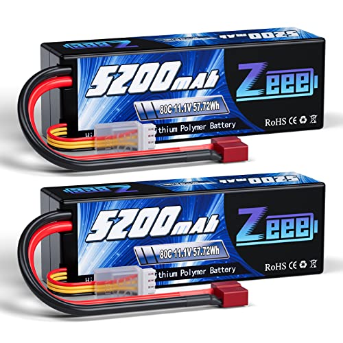 Zeee 3S LiPo Akku 11,1V 80C 5200mAh Hardcase Batterie mit T Stecker für RC Auto, RC Flugzeug, RC Hubschrauber, RC Hobby (2 Packungen) von Zeee