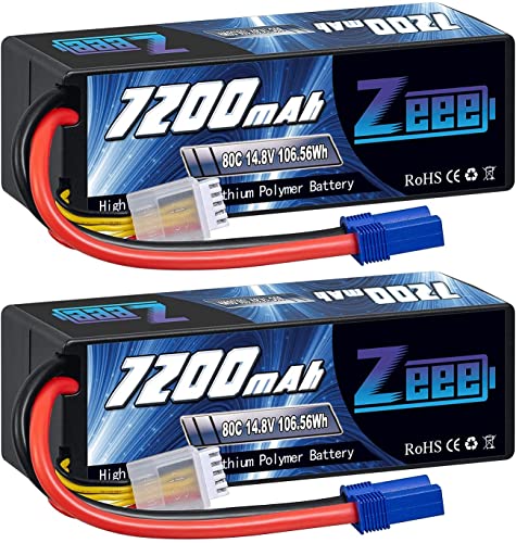 Zeee 4S Lipo Akku 14,8V 80C 7200mAh RC Akku Hartschalenk mit EC5 Anschluss für RC Auto LKW Tank Buggy Truggy RC Rennmodelle (2 Stück) von Zeee