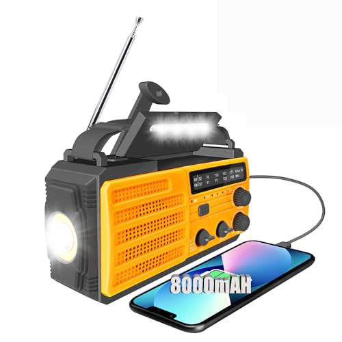 Solar Kurbelradio AM/FM Solar Radio Tragbar Notfallradio mit 8000mAh Wiederaufladbare Batterie, Led Taschenlampe, SOS Alarm und Handkurbel Dynamo für Camping, Survival, Reisen, Notfall (Orange) von Zeerkeer