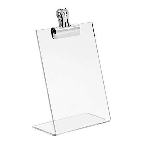 Tischaufsteller DIN A6 Hoch aus Acrylglas in L-Form mit Metallklammer - Zeigis®, verschiedene Formate/Werbeaufsteller/Infoständer/Preisschildhalter von Zeigis