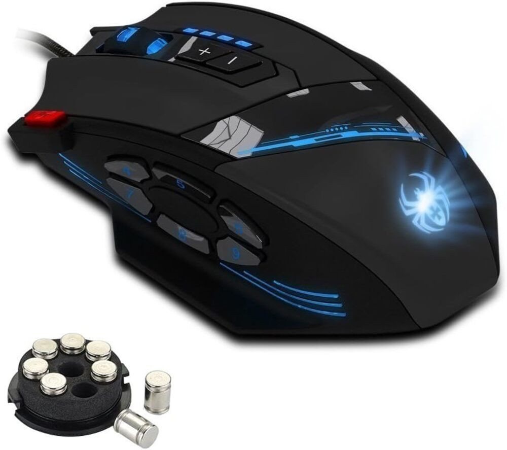 Zelotes Ergonomische Design mit 12 programmierbare Tasten 8 Gewichtsblöcke Gaming-Maus (kabelgebunden, Kompatibilitätmit Einstellbare DPI voreingestellte Stufen 1000–4000DPI) von Zelotes