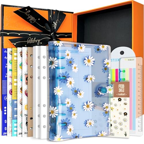 A6/A5 6 Löcher, bunter PVC-Einband, runder Ringordner mit Schnappverschluss, Loseblattordner, persönlicher Organizer (Blue Daisy, A6 Gift Box) von Zelten