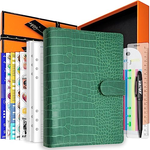 PU Leder Persönliches Notizbuch Planer mit 80 Seiten Lose-Blatt-Papiere 6 Löcher Ringbuch Stifthalter Magnetische Schnalle (Green Faux Crocodile Texture, A5 Gift Box) von Zelten