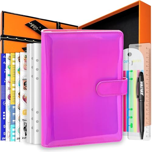 Zelten PU Leder Persönliches Notizbuch Planer mit 67 Seiten Planer Papiere 6 Löcher Ringbinder Stifthalter Magnetische Schnalle (Holographic Magenta, A5 Gift Box) von Zelten