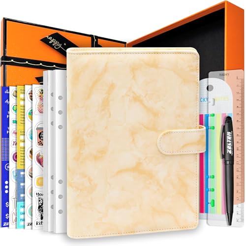 Zelten PU Leder Persönliches Notizbuch Planer mit 67 Seiten Planer Papiere 6 Löcher Ringbinder Stifthalter Magnetische Schnalle (Yellow Marble, A5 Gift Box) von Zelten