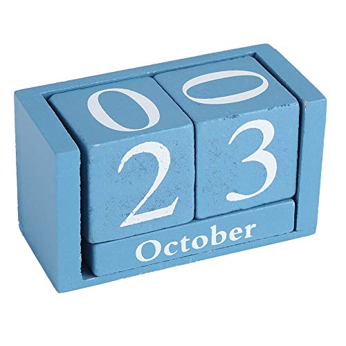 Vintage Holz Perpetual Desktop Kalender Holzblock Monat Datumsanzeige Home Office Dekoration(Blau) von Zerodis