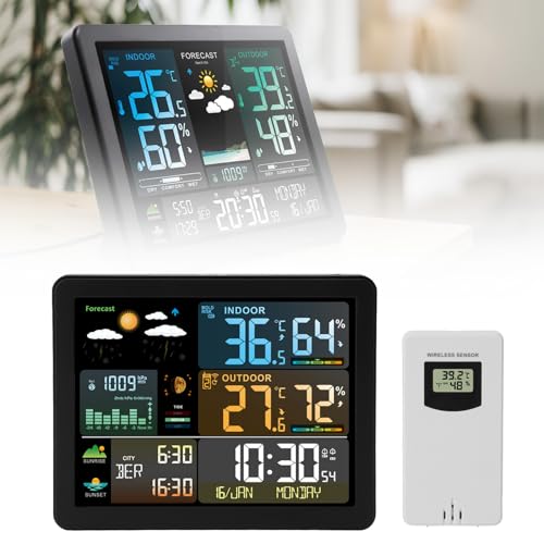 Wetterstation Drahtloses Indoor -Außenthermometer, Farbdisplay Digitale Temperaturfeuchtigkeit Mondphasenwetter -Vorhersagestation mit Fernsensor für Zuhause Wetterstation Drahtloses Indoor -Außenthermometer, Farbdisplay Digitale Temperaturfeuchtigkeit Mondphasenwetter -Vorhersagestation mit Fernsensor für Zuhause von Zerodis
