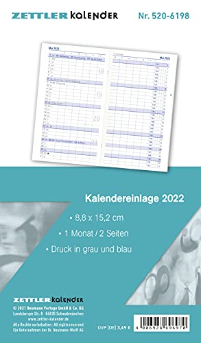 Kalender-Ersatzeinlage 2022 - für den Taschenplaner Typ 520 - 8,8x15,2 cm - 1 Monat auf 2 Seiten - separates Adressheft - faltbar - Notiz-Heft - ... - separates Adressheft - faltbar - Notiz-Heft von Zettler