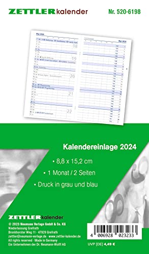 Kalender-Ersatzeinlage 2024 - für den Taschenplaner Typ 520 - 8,8x15,2 cm - 1 Monat auf 2 Seiten - separates Adressheft - faltbar - Notiz-Heft - 520-6198 von Zettler