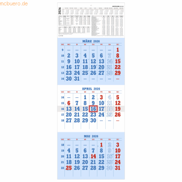 Zettler Dreimonatskalender 952 29,7x78cm blau/rot 2026 von Zettler