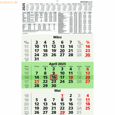 Zettler Dreimonatskalender 956 29,5x49cm Recycling 2025 von Zettler